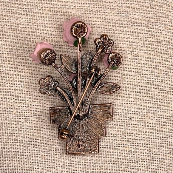VINTAGE POTTED PLANT FLORAL BROOCH ENAMEL PORCELAIN ROSE PINK FUCHSIA - Picture 6 of 8